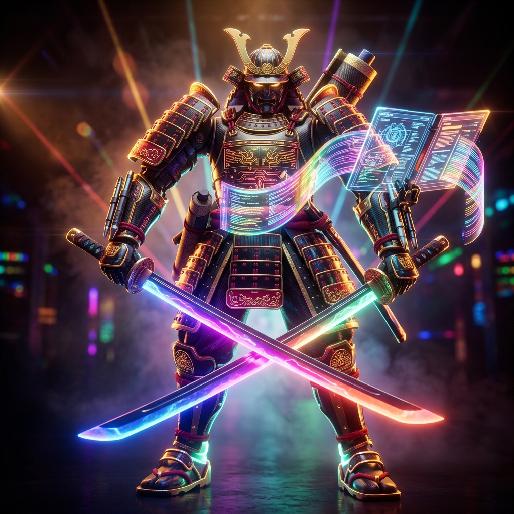 Documentation category hero — majestic samurai-styled mech in lacquered armor with neon under-glow, katana of light in hand in underground rave-like data cathedral with laser beams cutting through smoke