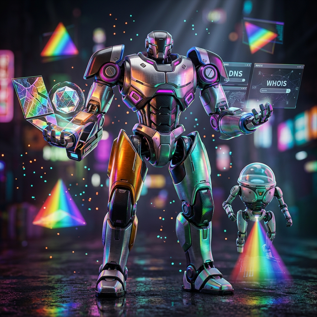 Domain category hero — duo of contrasting robots — one large hero mech and a small companion droid — composed cinematically in neon-lit cyberpunk street at night, wet pavement reflections, hovering holograms in the background