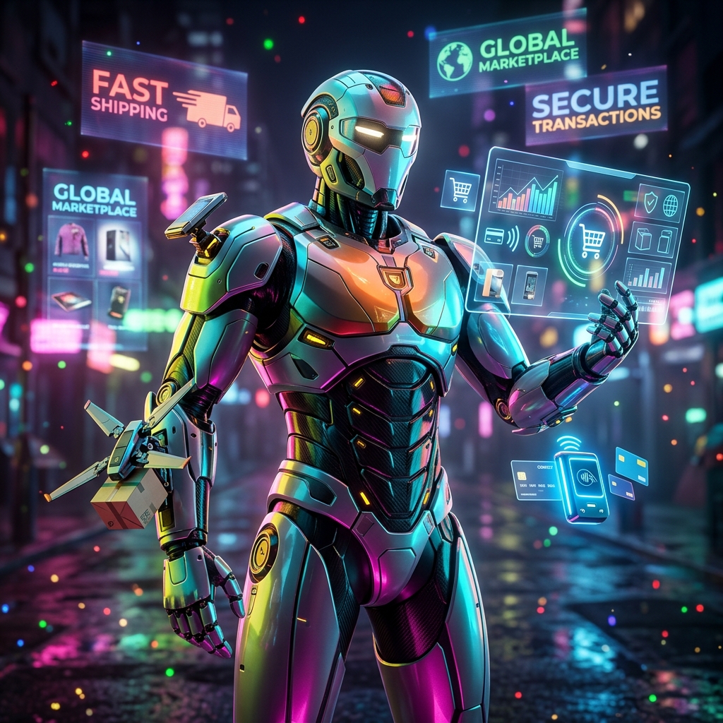 E-commerce category hero — hyper-detailed humanoid robot with glossy plating and glowing visor eyes, striking a confident hero pose in the center of the frame in neon-lit cyberpunk street at night, wet pavement reflections, hovering holograms in the background