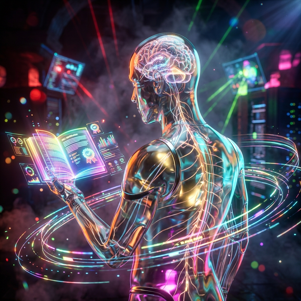 E-learning category hero — translucent glass humanoid figure with a glowing neural-network brain visible inside its head in underground rave-like data cathedral with laser beams cutting through smoke