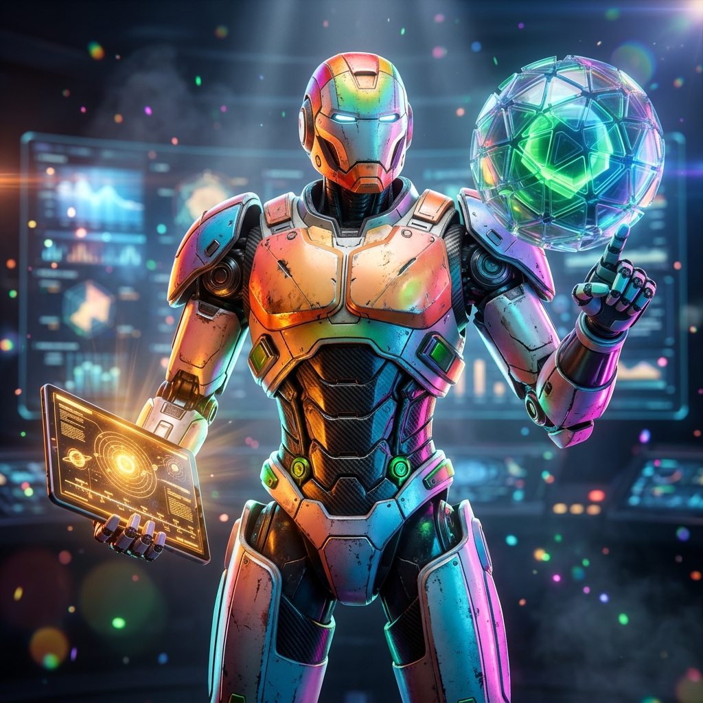 Education category hero — war-worn but heroic mech pilot robot with painted panels, weathered detail, cinematic hero lighting in futuristic control room with massive glowing holographic screens and volumetric light rays