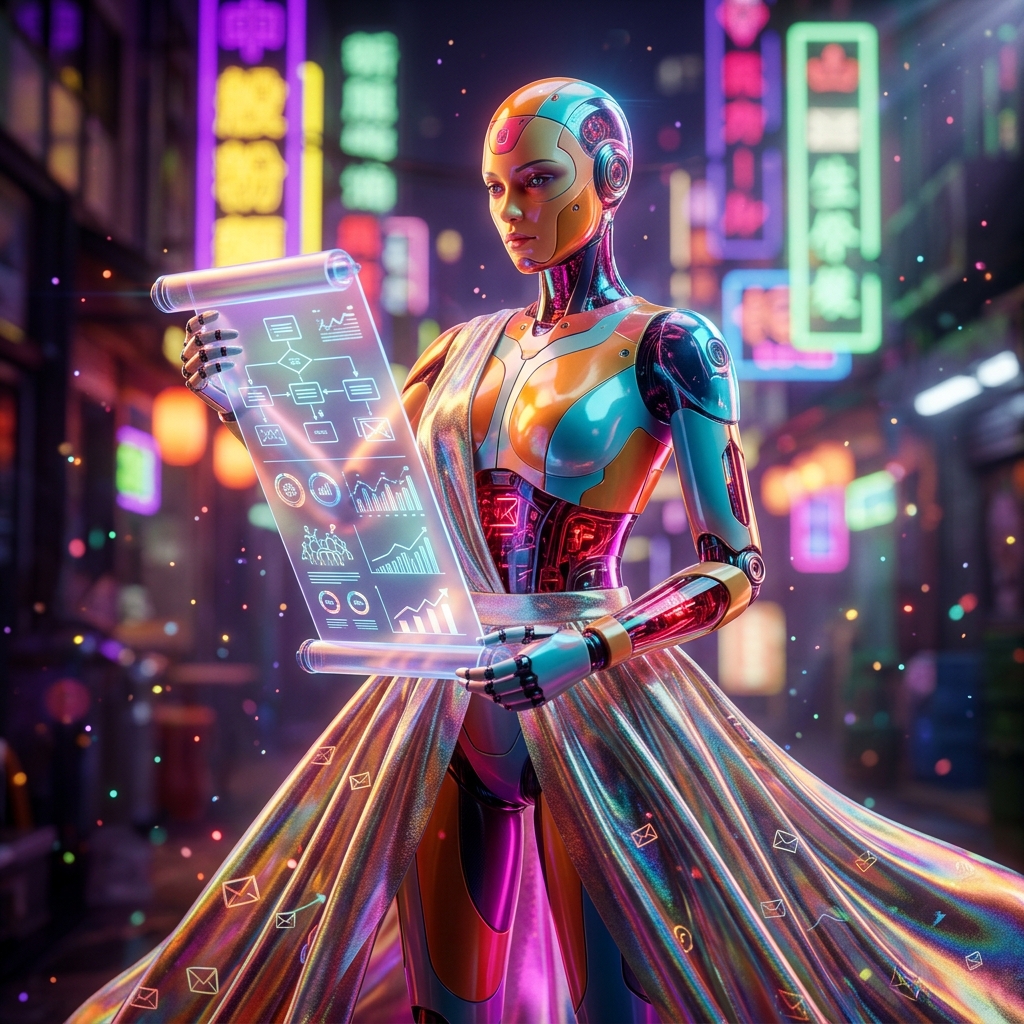 Email Marketing category hero — elegant fashion-forward android in flowing reflective couture fabric, editorial pose in Blade-Runner-style noodle-shop alley with dense neon signage in the background