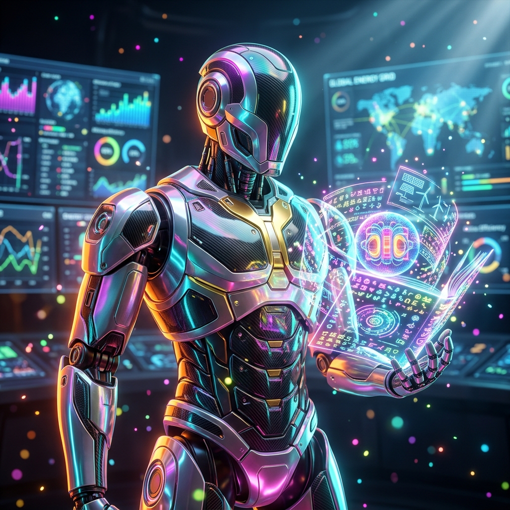 Energy category hero — sci-fi wizard robot with a floating spellbook of holographic glyphs and light particles in futuristic control room with massive glowing holographic screens and volumetric light rays