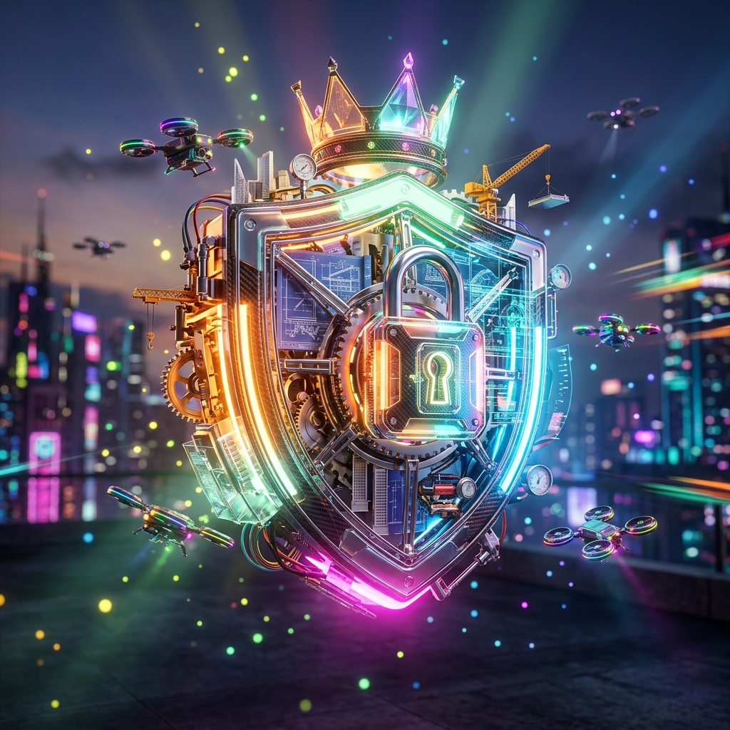 Engineering category hero — glowing digital shield / padlock / crown / crystal object at the frame center, protected by hovering tech drones in rooftop overlooking a neon megacity skyline at dusk, drones flying in the distance