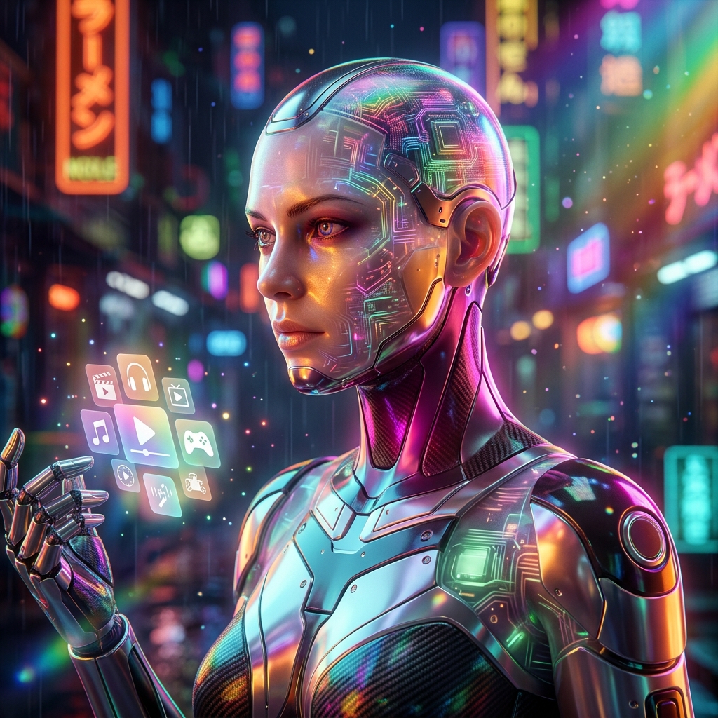 Entertainment category hero — cinematic cyborg character seen in three-quarter profile, exposed circuitry glowing beneath translucent skin, intense neon rim light in Blade-Runner-style noodle-shop alley with dense neon signage in the background