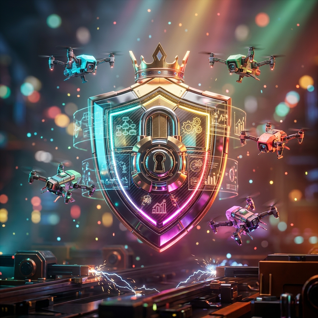 ERP category hero — glowing digital shield / padlock / crown / crystal object at the frame center, protected by hovering tech drones in magnetic-levitation factory floor with sparking arcs of electricity and machinery