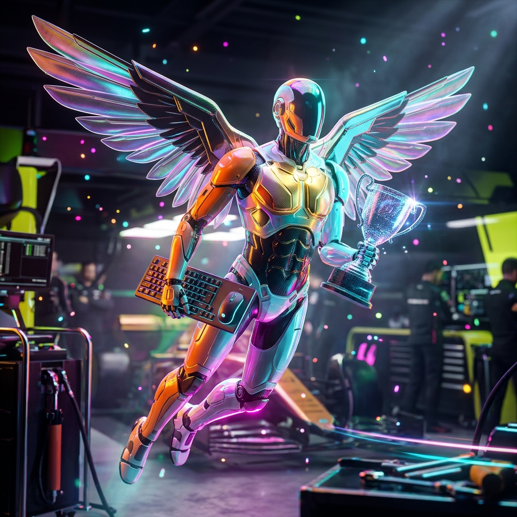 Esports category hero — courier-style android with iridescent wings unfurled, mid-flight silhouette against the environment in Formula-1 style pit garage with saturated color lighting and mechanical detail