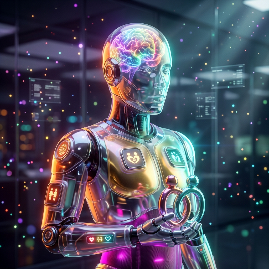 Family category hero — translucent glass humanoid figure with a glowing neural-network brain visible inside its head in sleek high-tech laboratory with glass walls, floating data panels and particle light