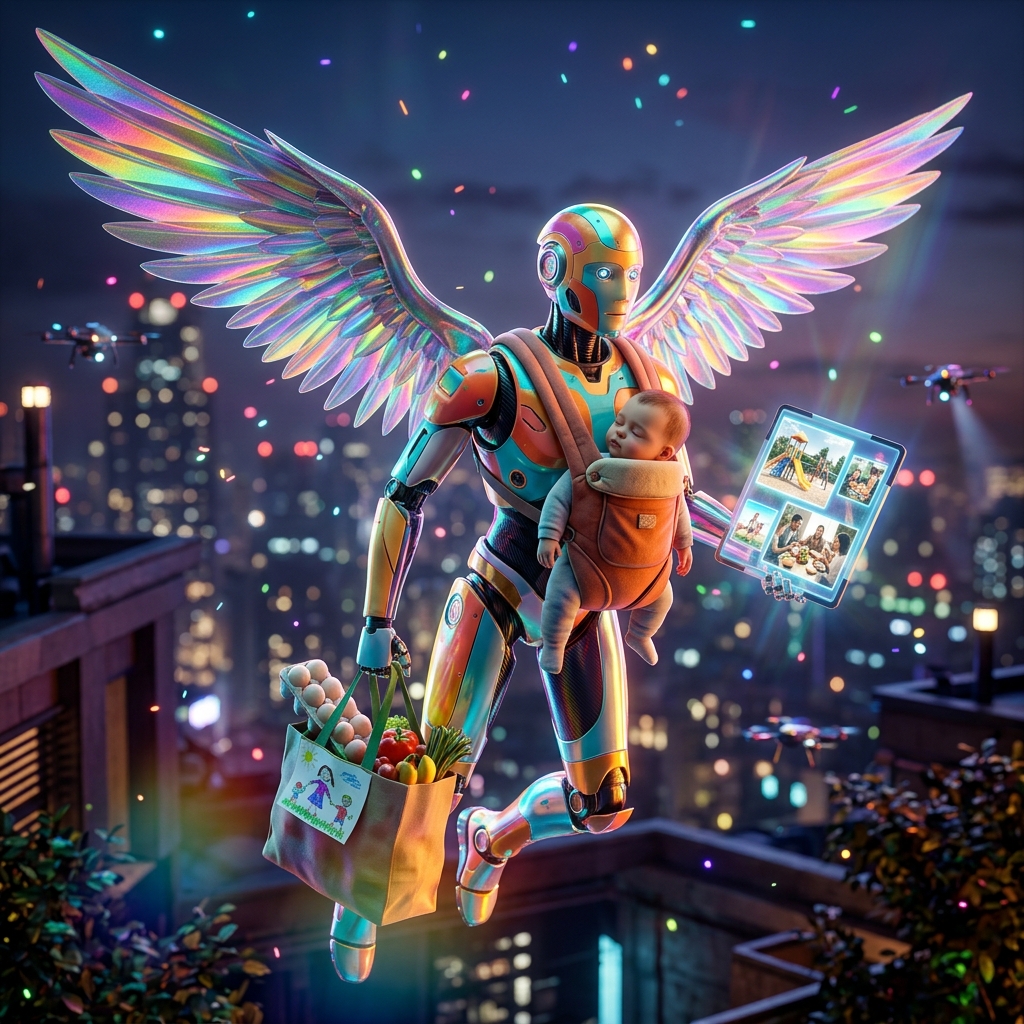 Family Life category hero — courier-style android with iridescent wings unfurled, mid-flight silhouette against the environment in rooftop overlooking a neon megacity skyline at dusk, drones flying in the distance