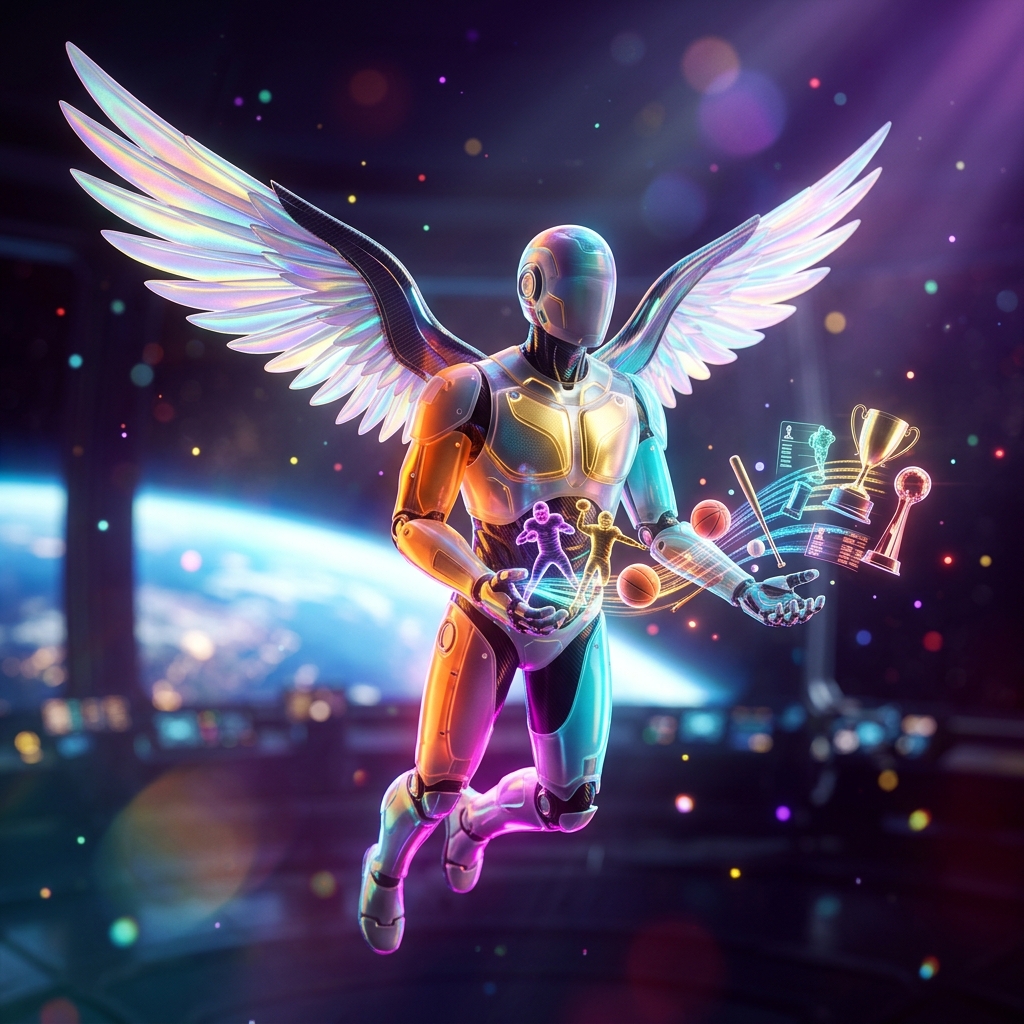 Fantasy Sports category hero — courier-style android with iridescent wings unfurled, mid-flight silhouette against the environment in orbital space station observation deck with a planet glowing outside the panoramic window