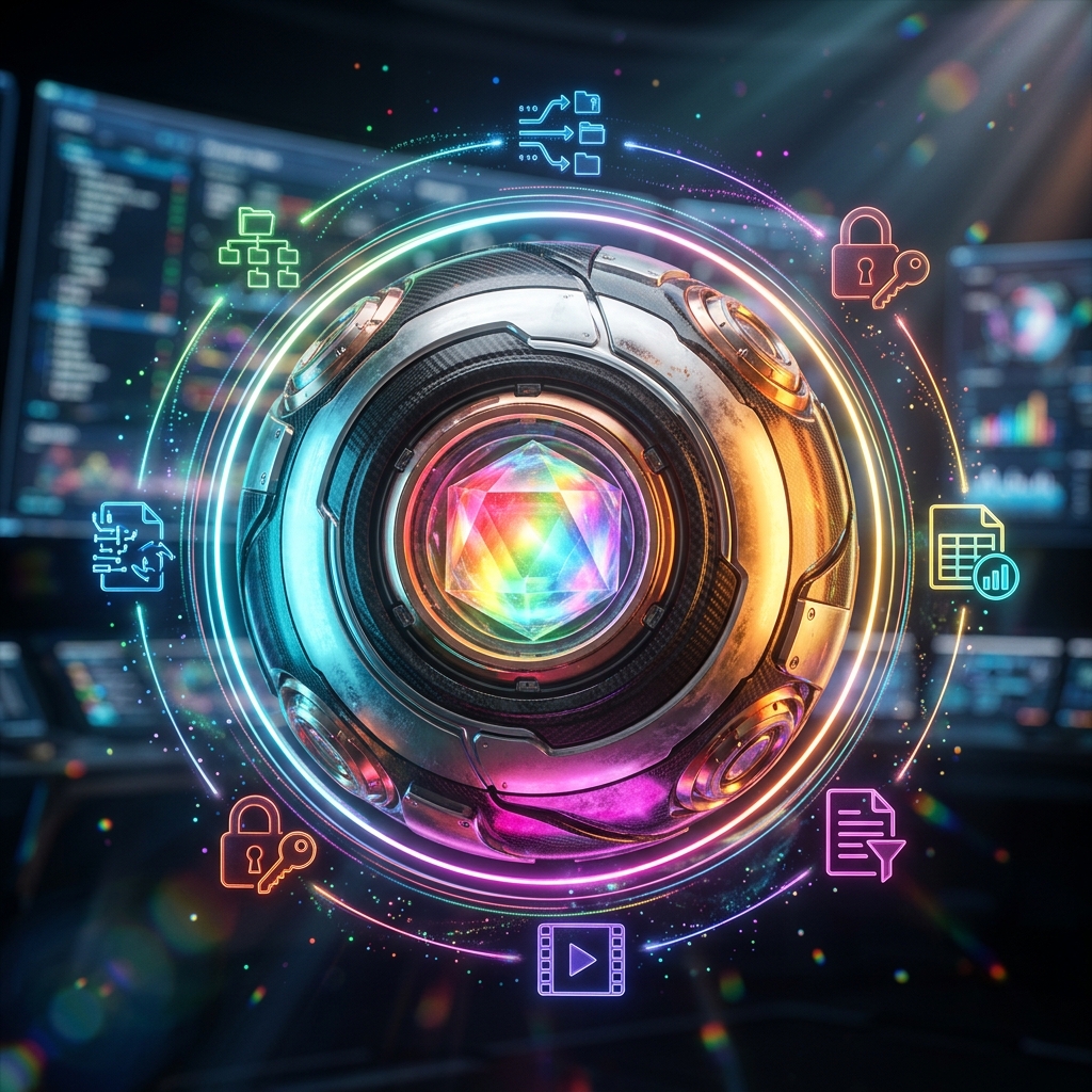 File Management category hero — floating spherical AI orb with concentric glowing rings and orbiting holographic icons around it in futuristic control room with massive glowing holographic screens and volumetric light rays