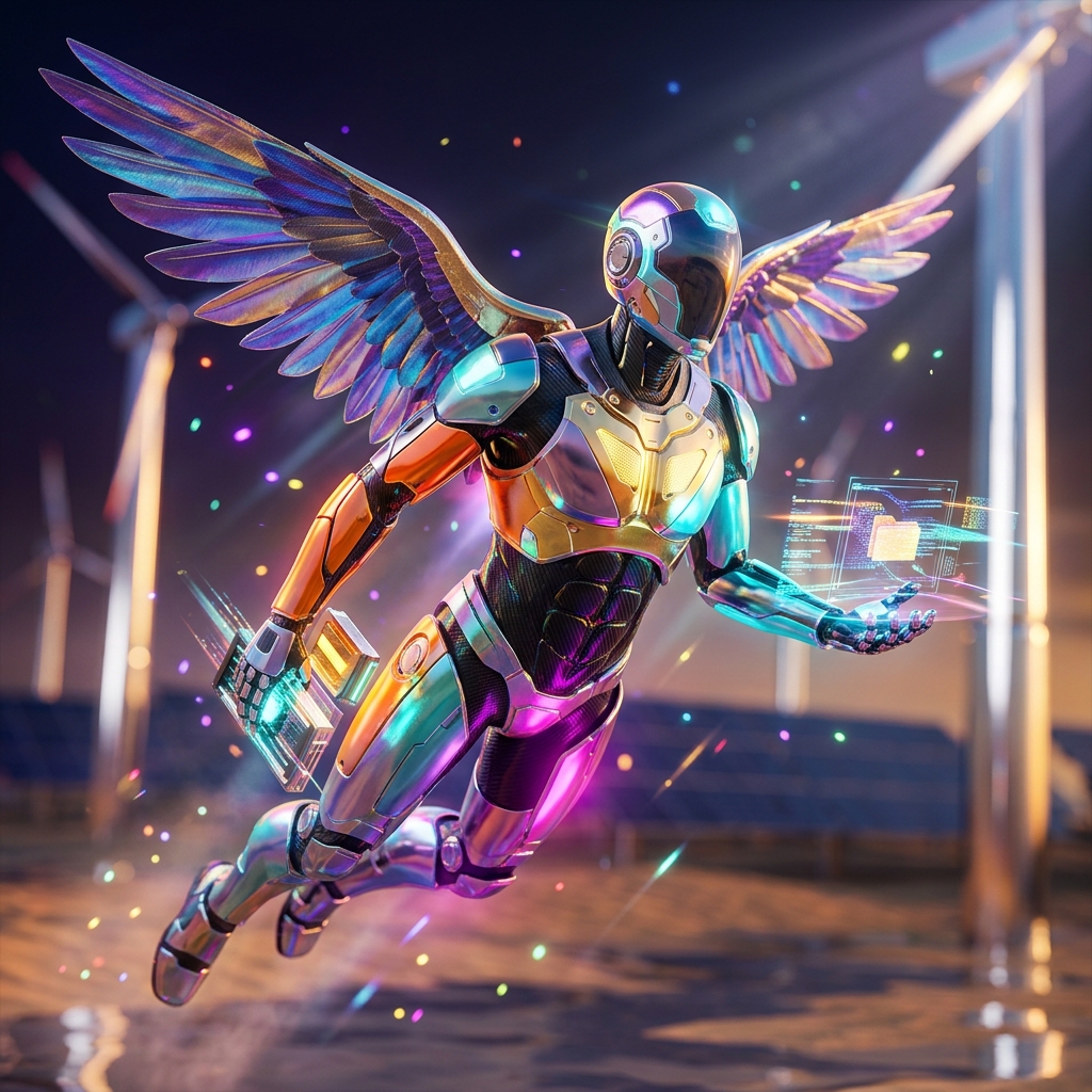 File Sharing category hero — courier-style android with iridescent wings unfurled, mid-flight silhouette against the environment in desert solar farm at magic hour with reflective sand and towering chrome pylons