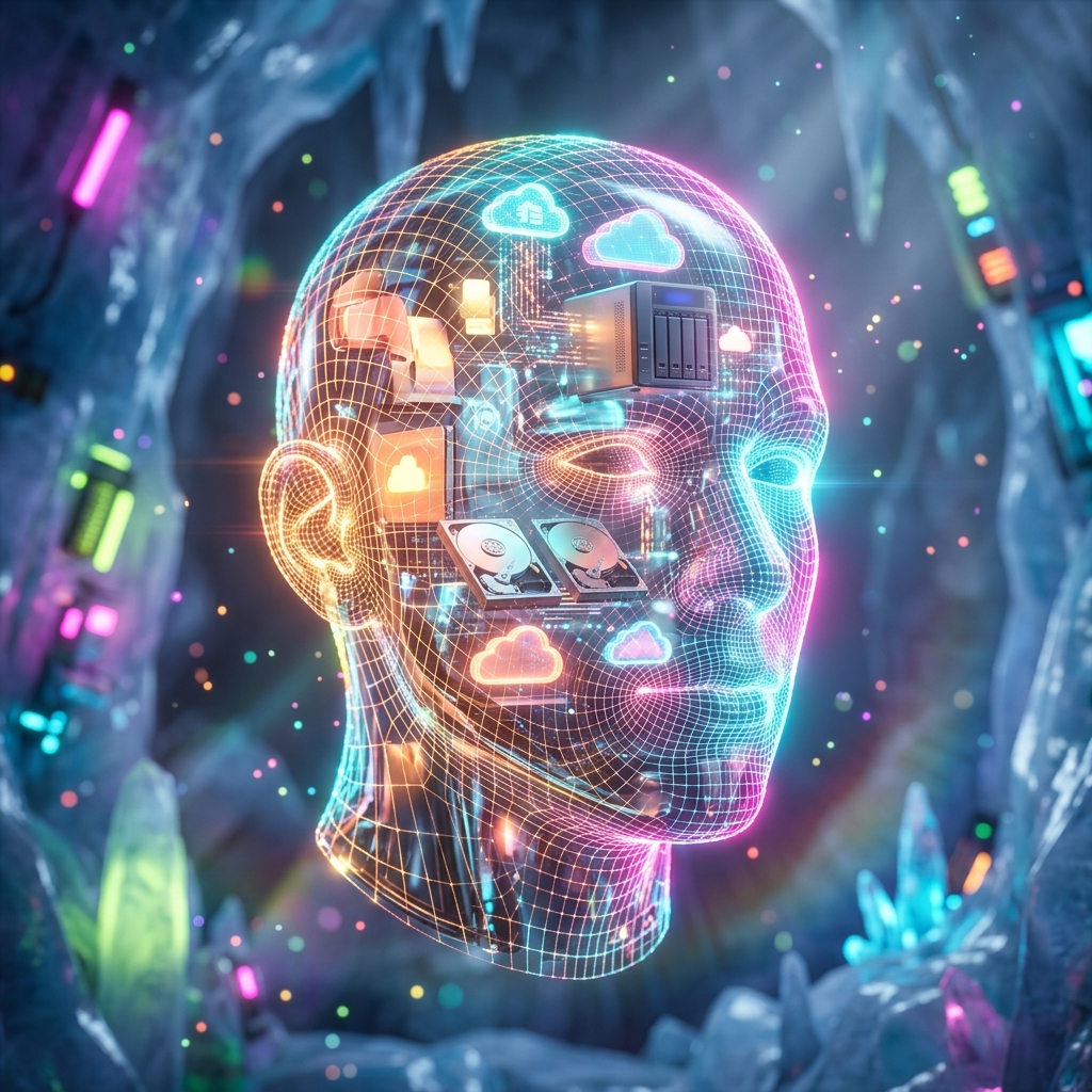 File Storage category hero — wireframe holographic human head made of glowing data points, floating in the frame center in crystalline ice cavern lit by bioluminescent tech installations