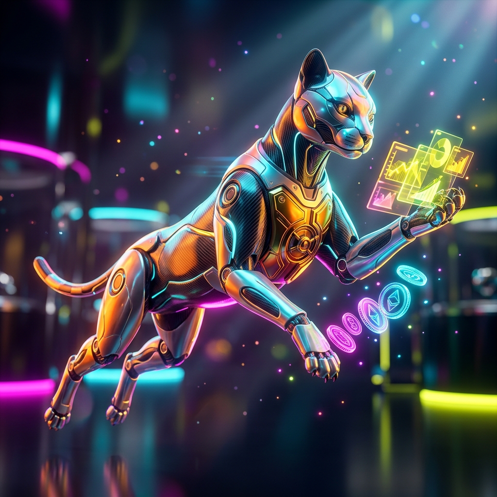 Finance & Fintech category hero — sleek feline-inspired robot mid-leap, carbon-fiber musculature and glowing accent lines in chrome-and-glass showroom with mirrored floor and rim-lit product staging