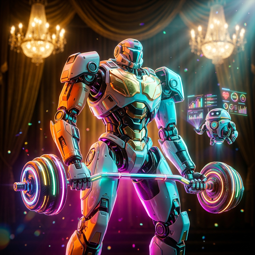 Fitness category hero — duo of contrasting robots — one large hero mech and a small companion droid — composed cinematically in golden-lit theater interior with heavy velvet curtains and cinematic chandeliers