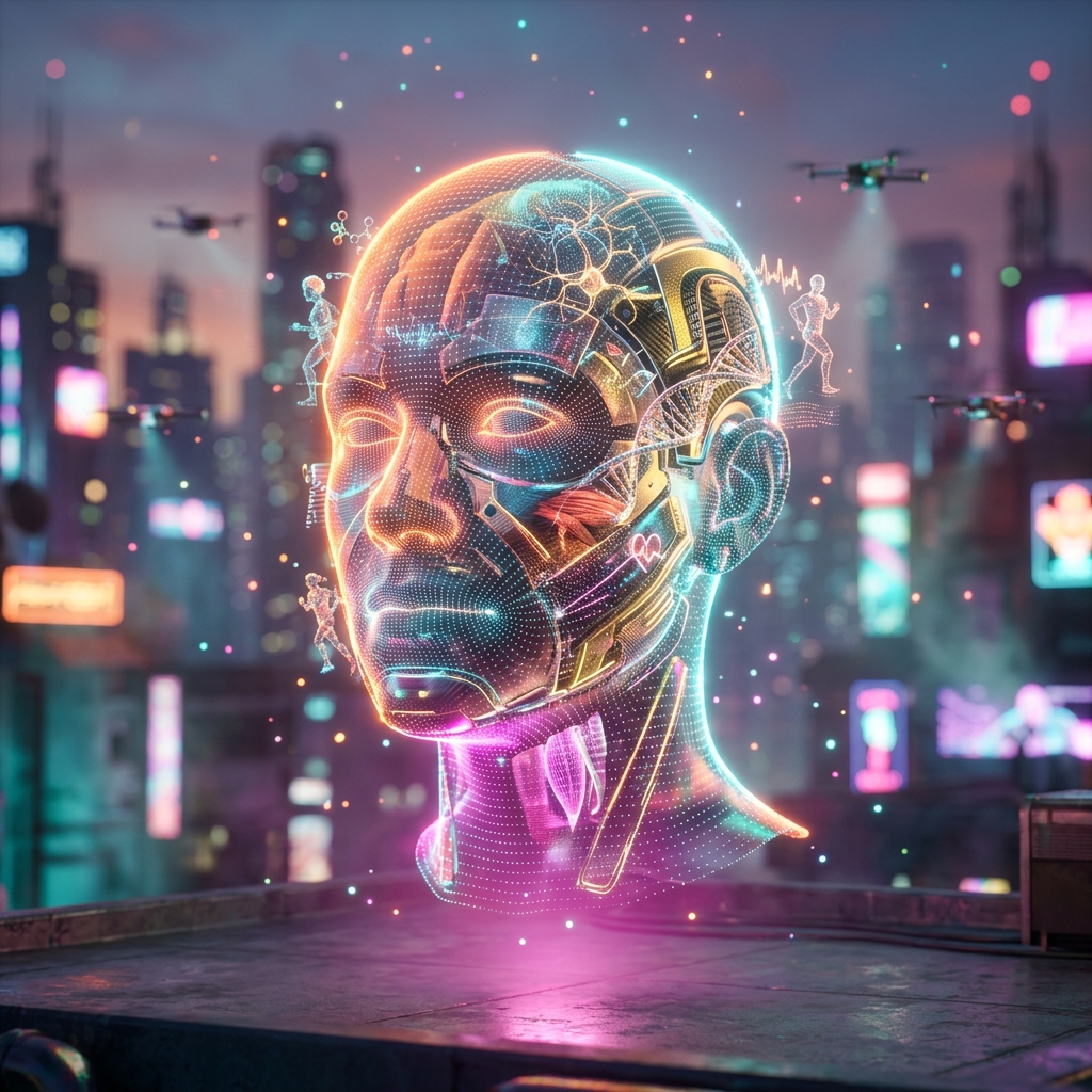 Fitness & Health category hero — wireframe holographic human head made of glowing data points, floating in the frame center in rooftop overlooking a neon megacity skyline at dusk, drones flying in the distance