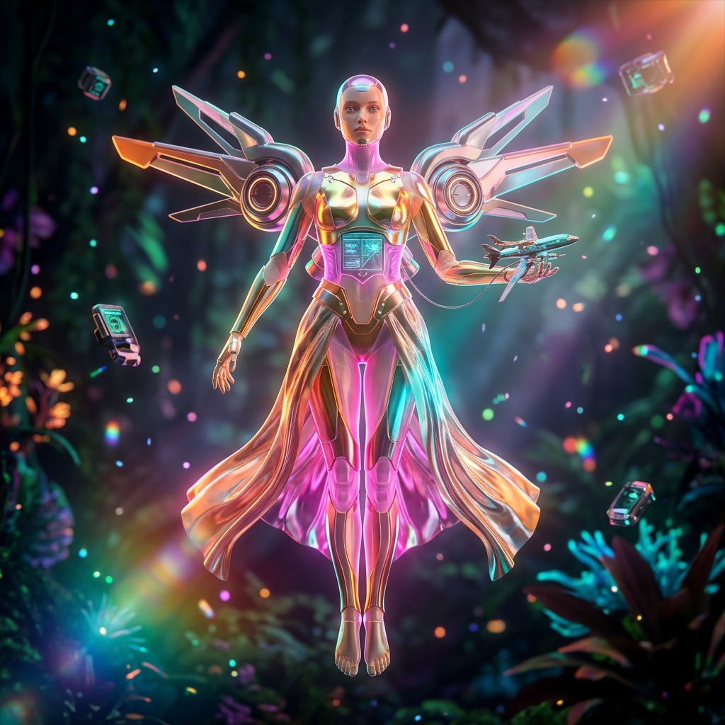 Flight category hero — elegant fashion-forward android in flowing reflective couture fabric, editorial pose in alien jungle biome with glowing flora and floating tech artifacts