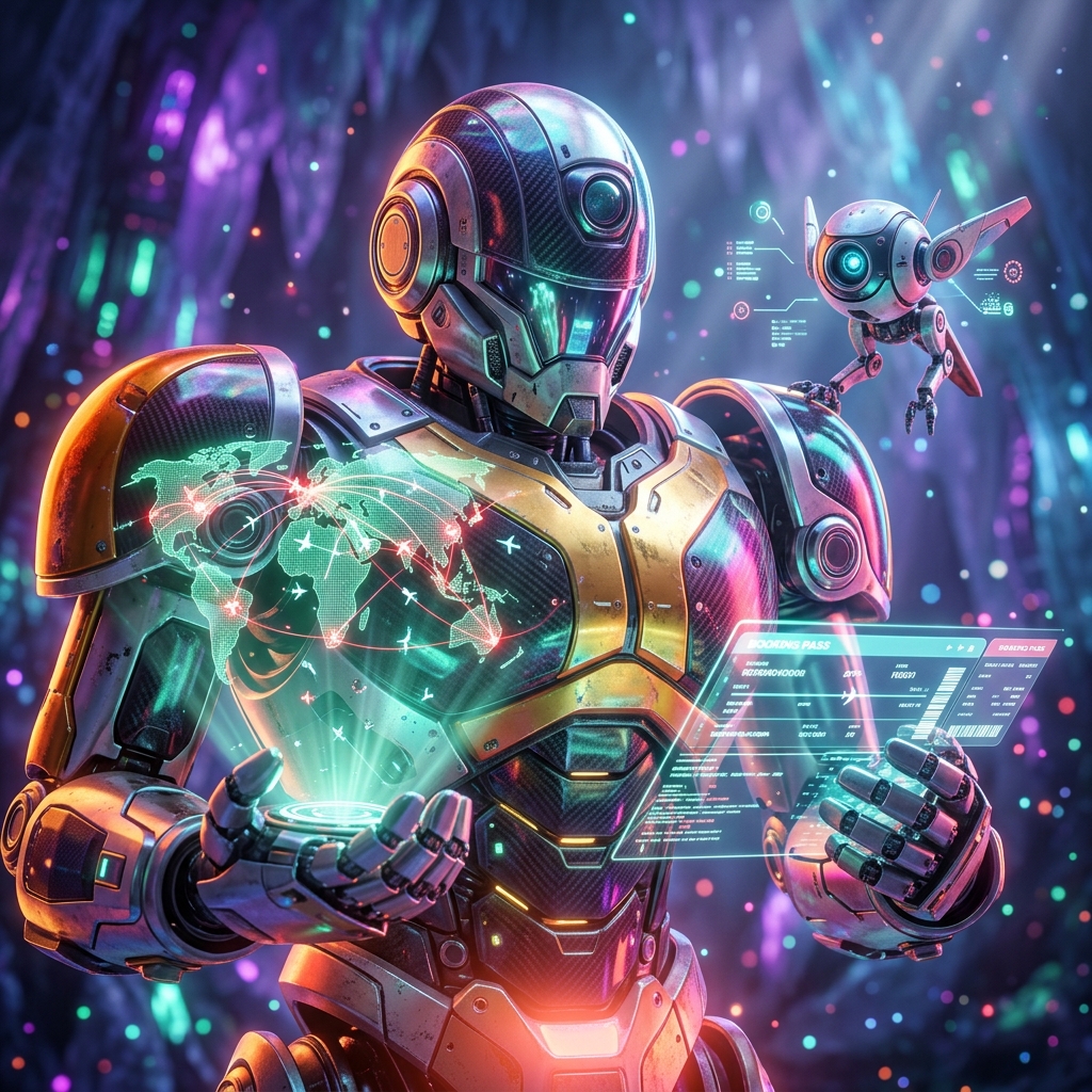 Flight Book category hero — duo of contrasting robots — one large hero mech and a small companion droid — composed cinematically in crystalline ice cavern lit by bioluminescent tech installations