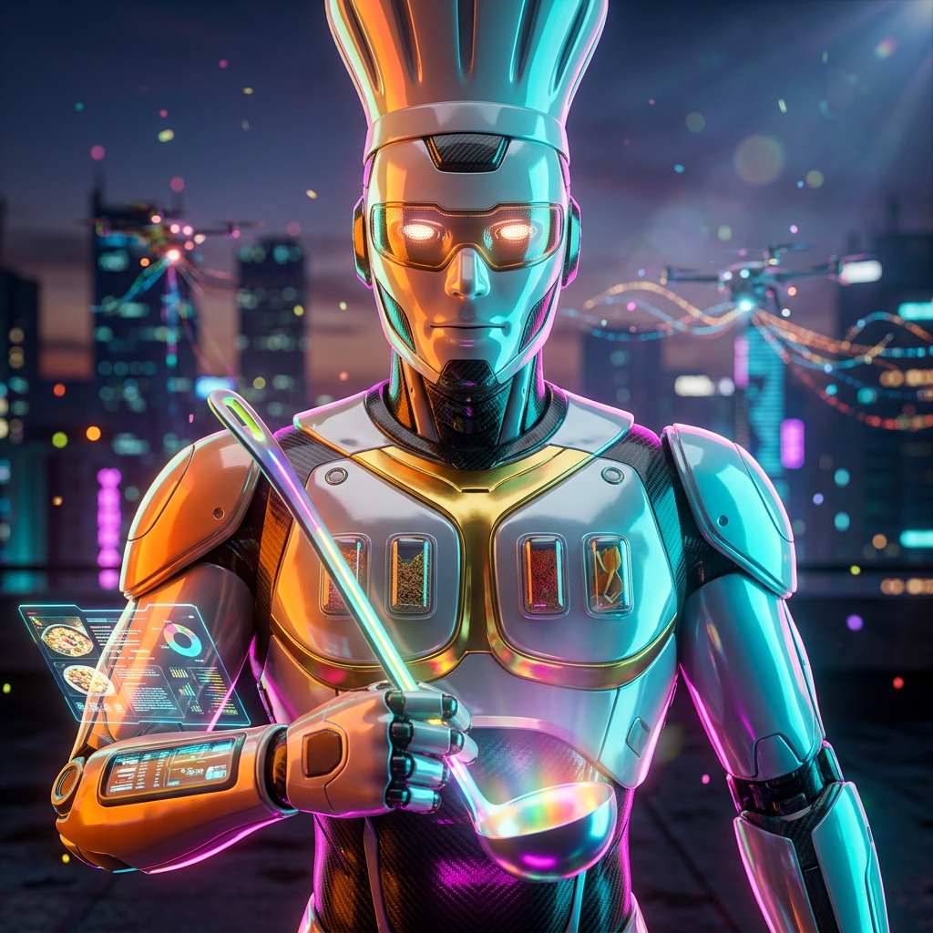Food & Cooking category hero — hyper-detailed humanoid robot with glossy plating and glowing visor eyes, striking a confident hero pose in the center of the frame in rooftop overlooking a neon megacity skyline at dusk, drones flying in the distance
