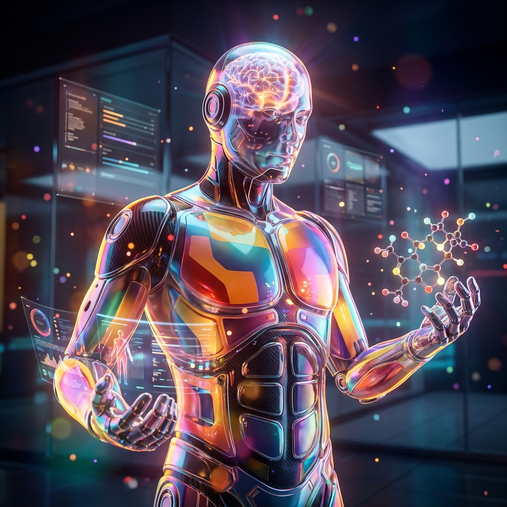 Food Nutrition category hero — translucent glass humanoid figure with a glowing neural-network brain visible inside its head in sleek high-tech laboratory with glass walls, floating data panels and particle light