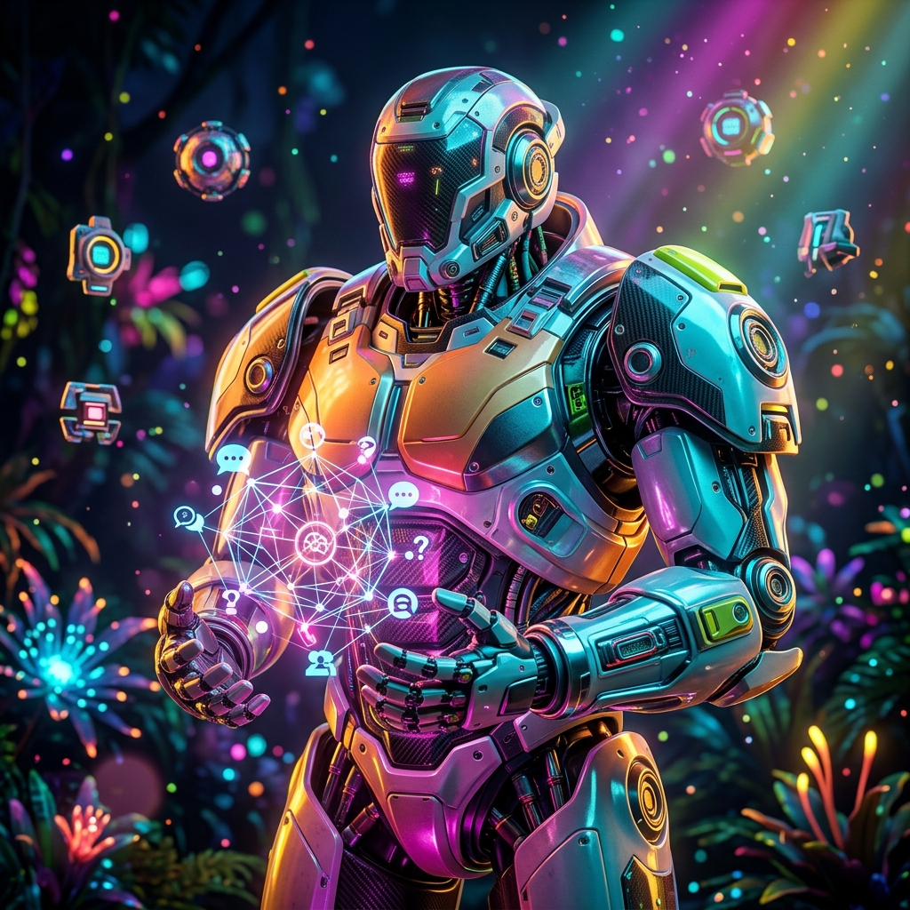 Forum category hero — heavily armored guardian robot holding a symbolic emblem of the category with both hands in alien jungle biome with glowing flora and floating tech artifacts