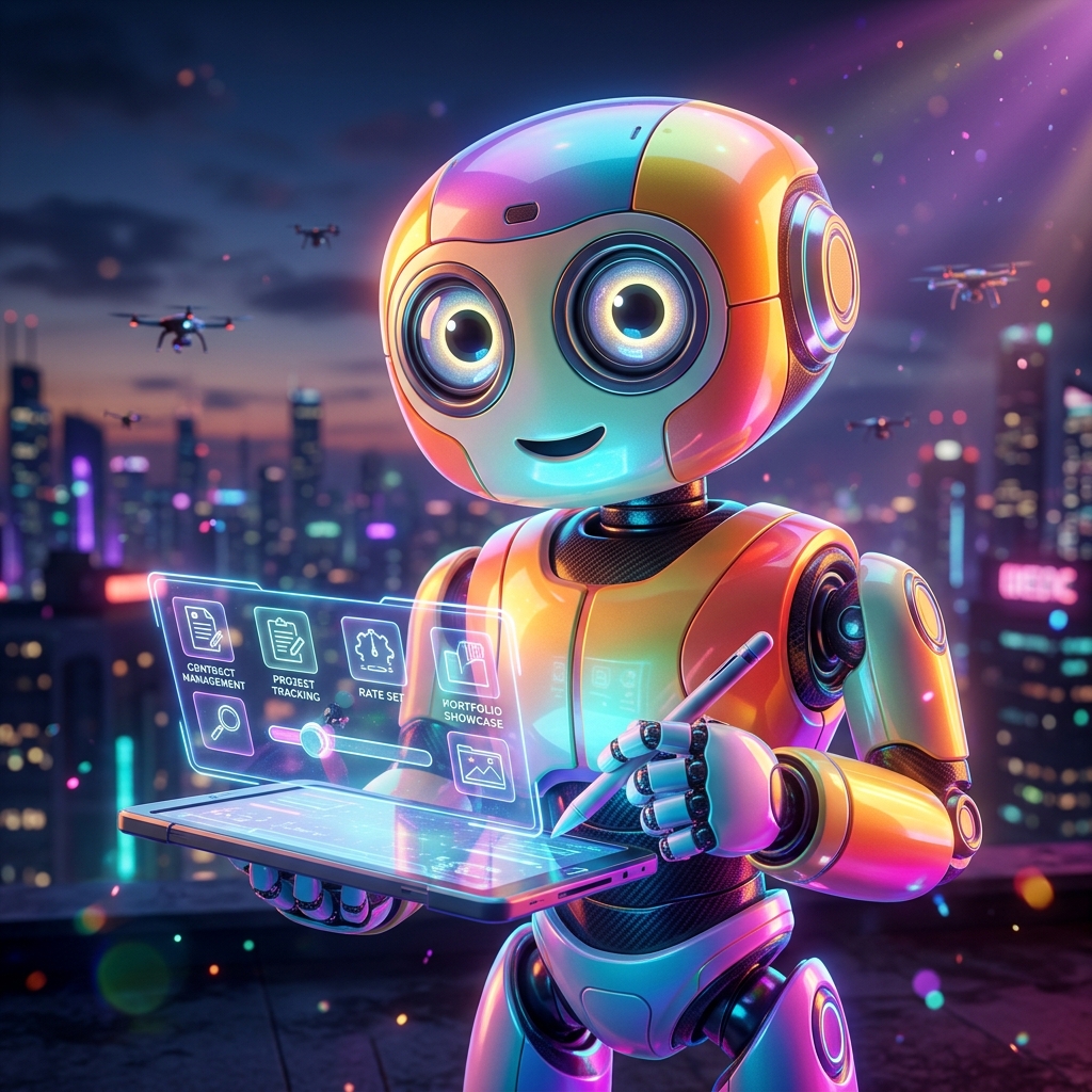 Freelancing category hero — friendly Pixar-quality mascot robot with big expressive optical eyes, holding an object that represents the category in rooftop overlooking a neon megacity skyline at dusk, drones flying in the distance