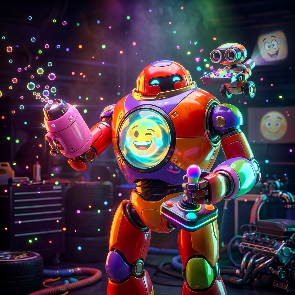 Fun category hero — duo of contrasting robots — one large hero mech and a small companion droid — composed cinematically in Formula-1 style pit garage with saturated color lighting and mechanical detail