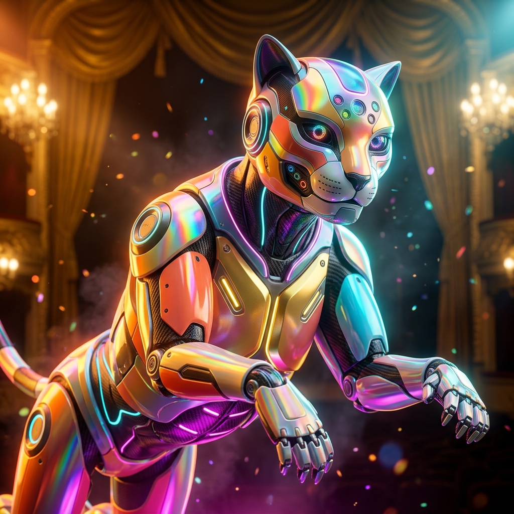 Games category hero — sleek feline-inspired robot mid-leap, carbon-fiber musculature and glowing accent lines in golden-lit theater interior with heavy velvet curtains and cinematic chandeliers