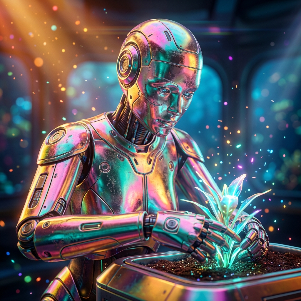 Gardening category hero — chrome-plated bipedal android caught mid-motion, sparks and light particles trailing around it in deep-sea research bay with bulkhead windows onto a bioluminescent ocean