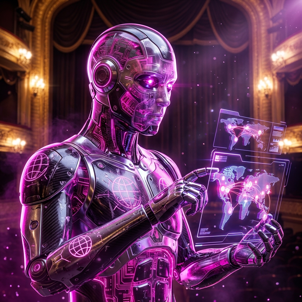 Global Business & Corporate Services category hero — cinematic cyborg character seen in three-quarter profile, exposed circuitry glowing beneath translucent skin, intense neon rim light in golden-lit theater interior with heavy velvet curtains and cinematic chandeliers