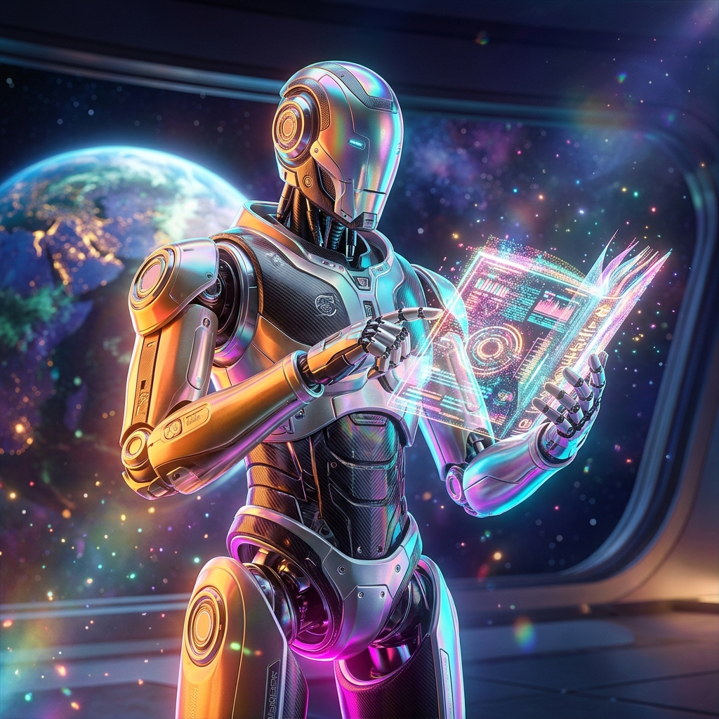Government category hero — sci-fi wizard robot with a floating spellbook of holographic glyphs and light particles in orbital space station observation deck with a planet glowing outside the panoramic window