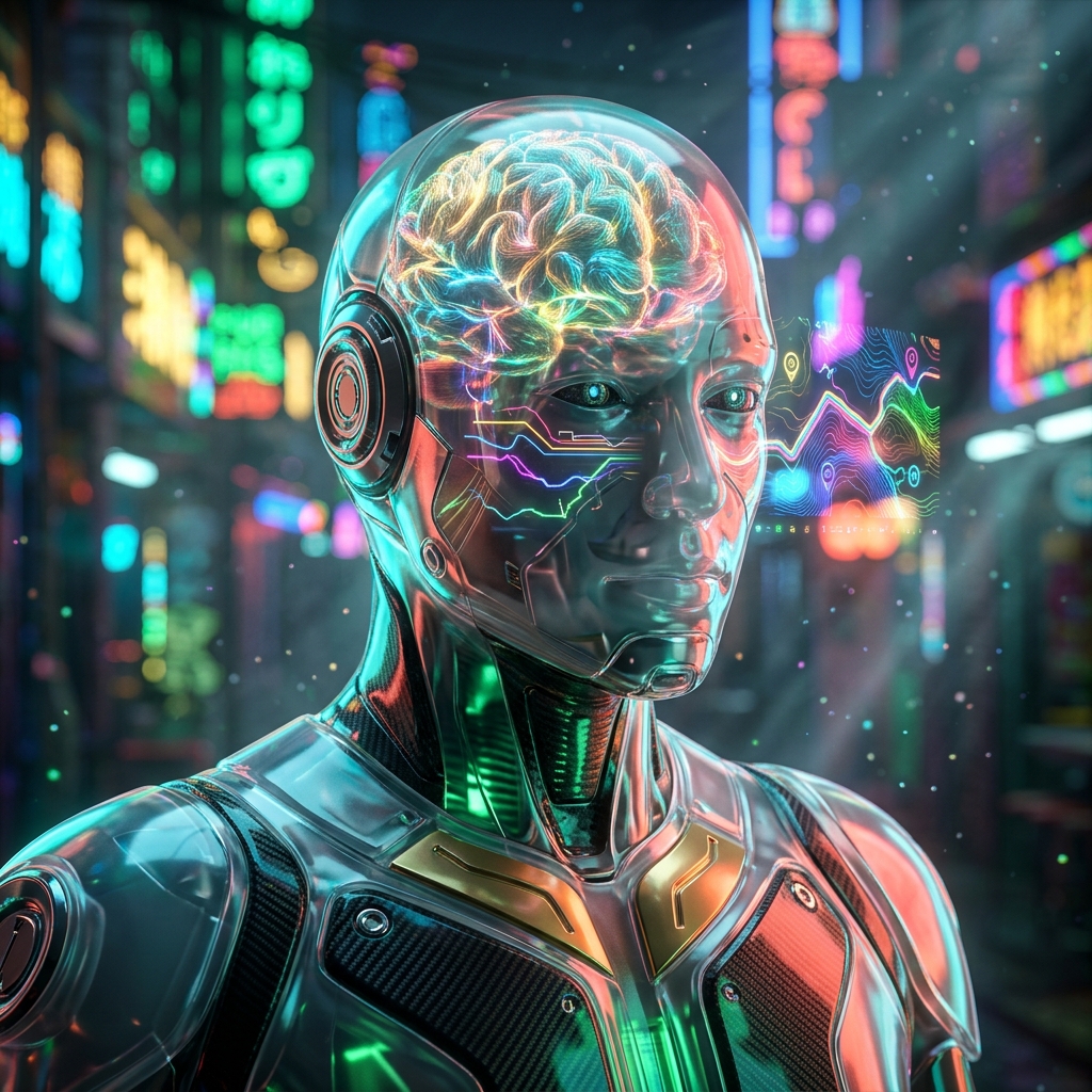 GPS Navigation category hero — translucent glass humanoid figure with a glowing neural-network brain visible inside its head in Blade-Runner-style noodle-shop alley with dense neon signage in the background