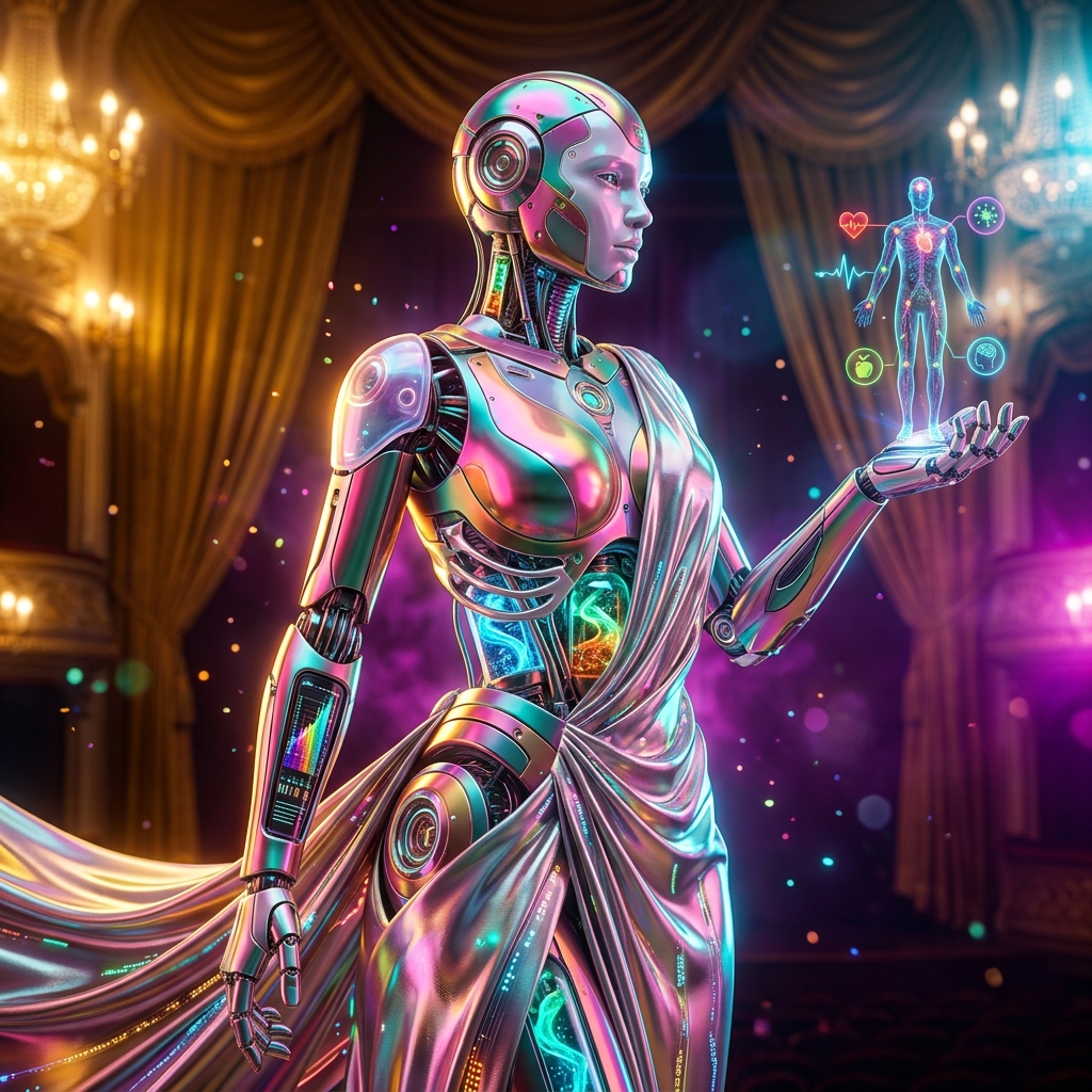 Health category hero — elegant fashion-forward android in flowing reflective couture fabric, editorial pose in golden-lit theater interior with heavy velvet curtains and cinematic chandeliers