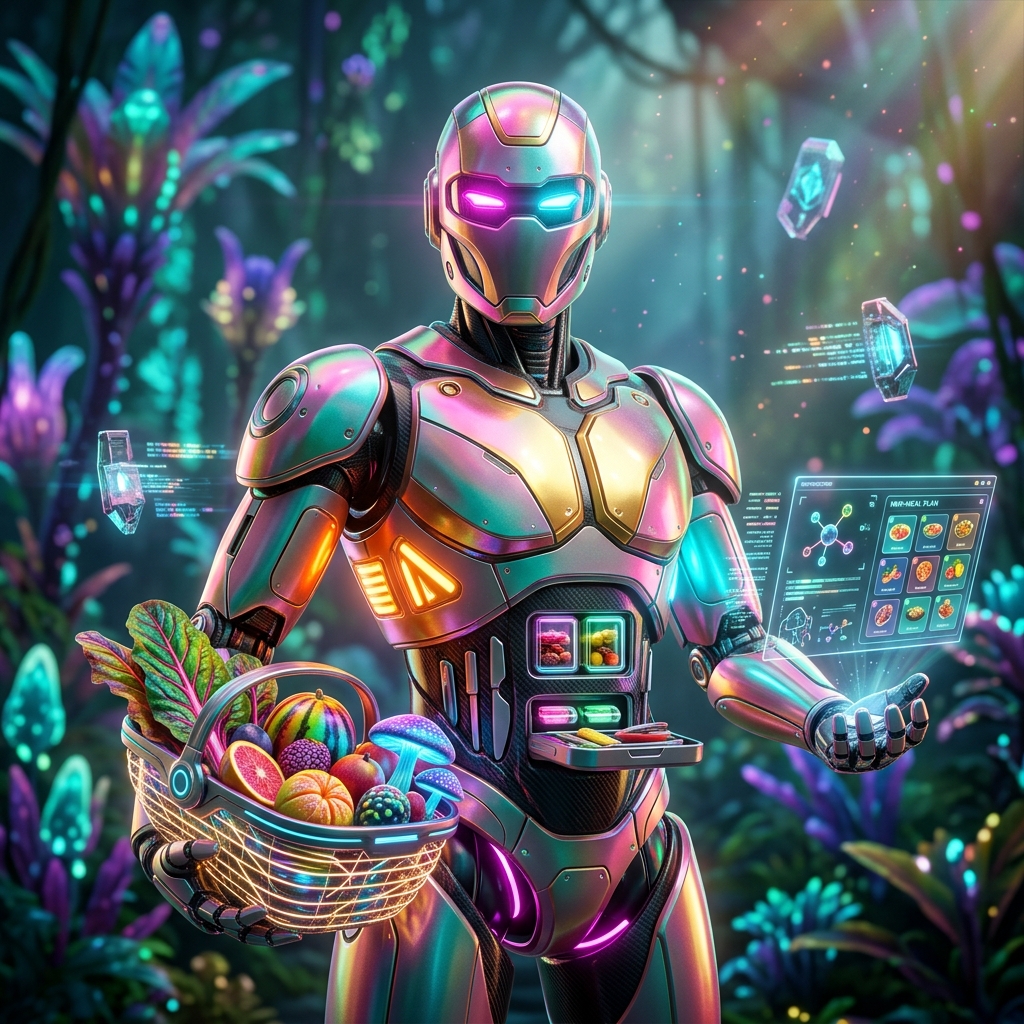 Healthy Diet category hero — hyper-detailed humanoid robot with glossy plating and glowing visor eyes, striking a confident hero pose in the center of the frame in alien jungle biome with glowing flora and floating tech artifacts