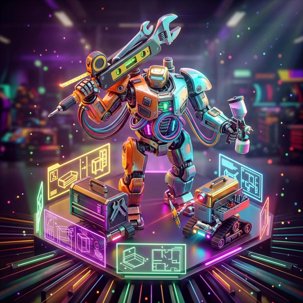 Home Improvement category hero — duo of contrasting robots — one large hero mech and a small companion droid — composed cinematically in Formula-1 style pit garage with saturated color lighting and mechanical detail