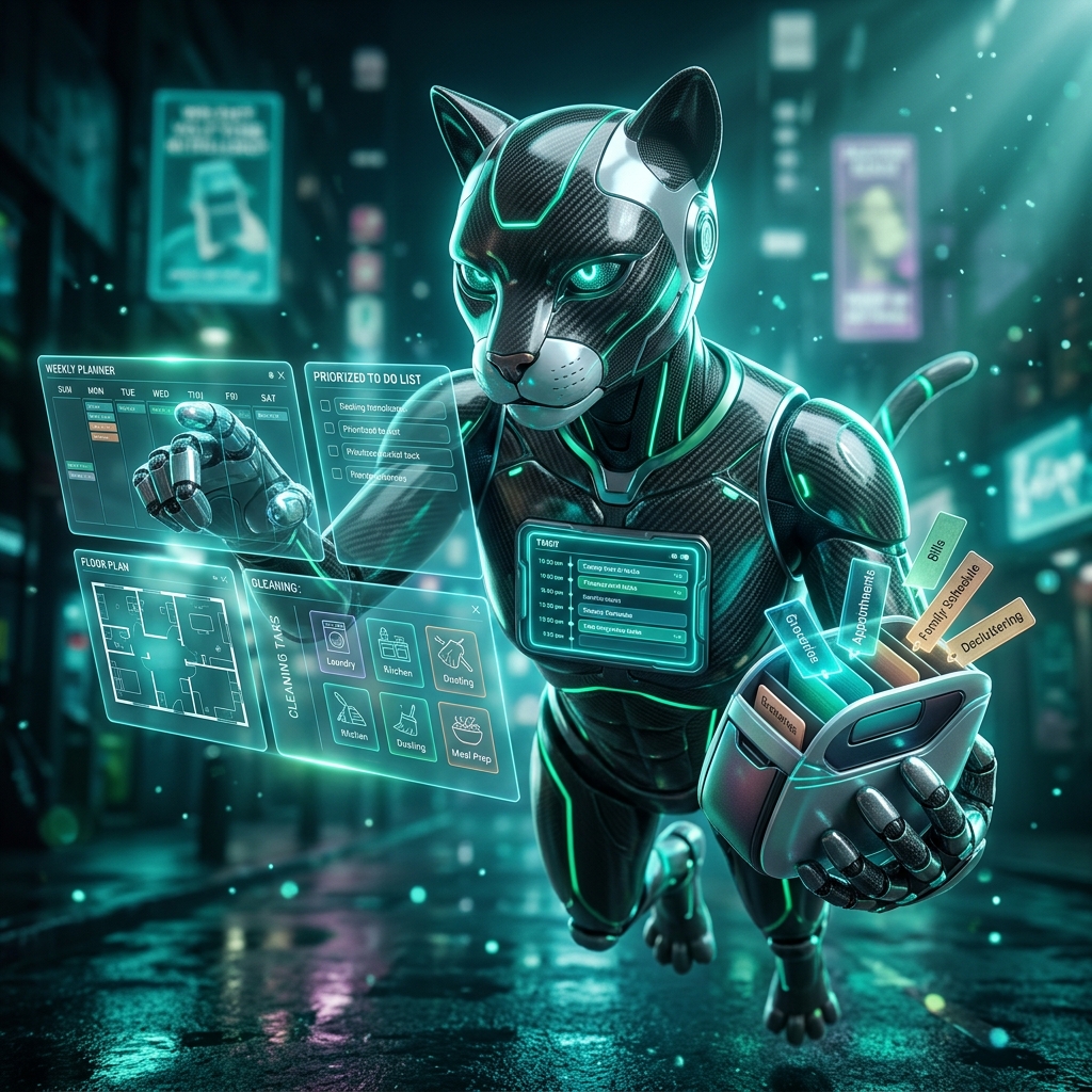 Home Organization & Daily Planning category hero — sleek feline-inspired robot mid-leap, carbon-fiber musculature and glowing accent lines in neon-lit cyberpunk street at night, wet pavement reflections, hovering holograms in the background