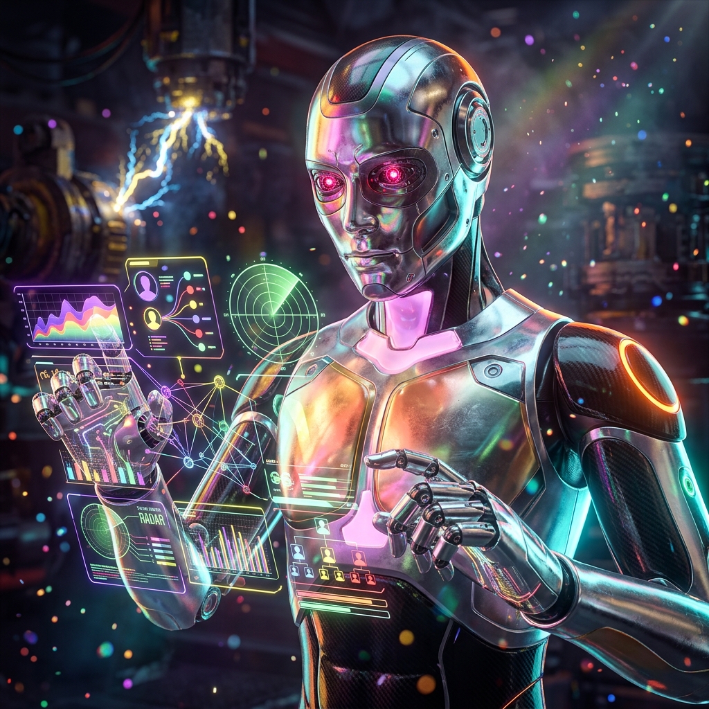 HR & Recruiting category hero — chrome-plated bipedal android caught mid-motion, sparks and light particles trailing around it in magnetic-levitation factory floor with sparking arcs of electricity and machinery