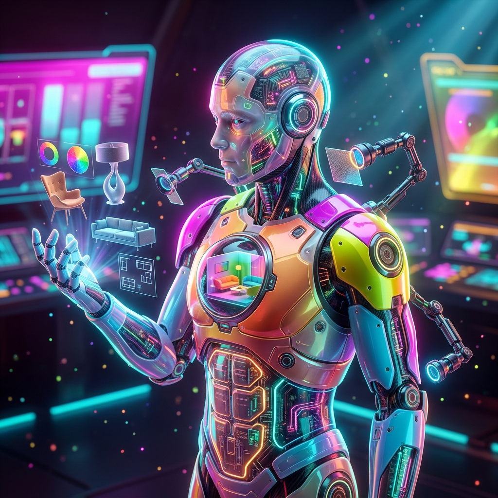 Interior Design category hero — cinematic cyborg character seen in three-quarter profile, exposed circuitry glowing beneath translucent skin, intense neon rim light in futuristic control room with massive glowing holographic screens and volumetric light rays