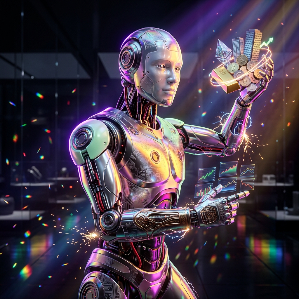 Investment category hero — chrome-plated bipedal android caught mid-motion, sparks and light particles trailing around it in chrome-and-glass showroom with mirrored floor and rim-lit product staging