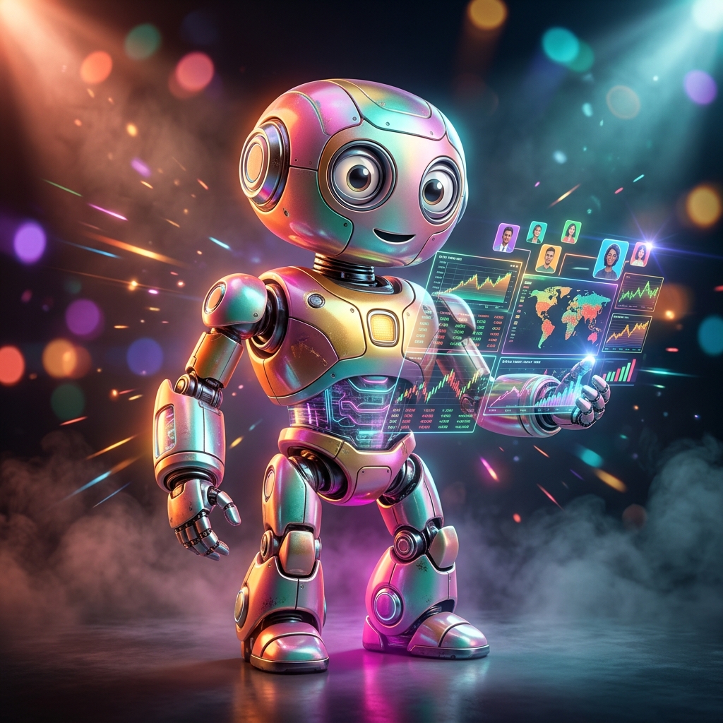 Investment & Market Insights category hero — friendly Pixar-quality mascot robot with big expressive optical eyes, holding an object that represents the category in dark cinematic stage with dramatic spotlights streaming down and a hazy atmospheric fog