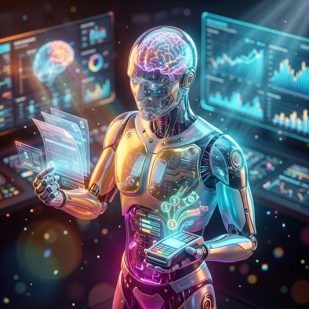 Invoicing category hero — translucent glass humanoid figure with a glowing neural-network brain visible inside its head in futuristic control room with massive glowing holographic screens and volumetric light rays