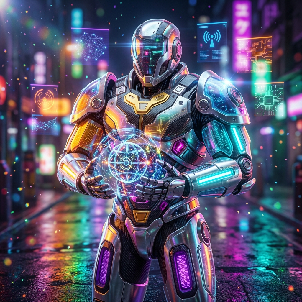 IoT category hero — heavily armored guardian robot holding a symbolic emblem of the category with both hands in neon-lit cyberpunk street at night, wet pavement reflections, hovering holograms in the background