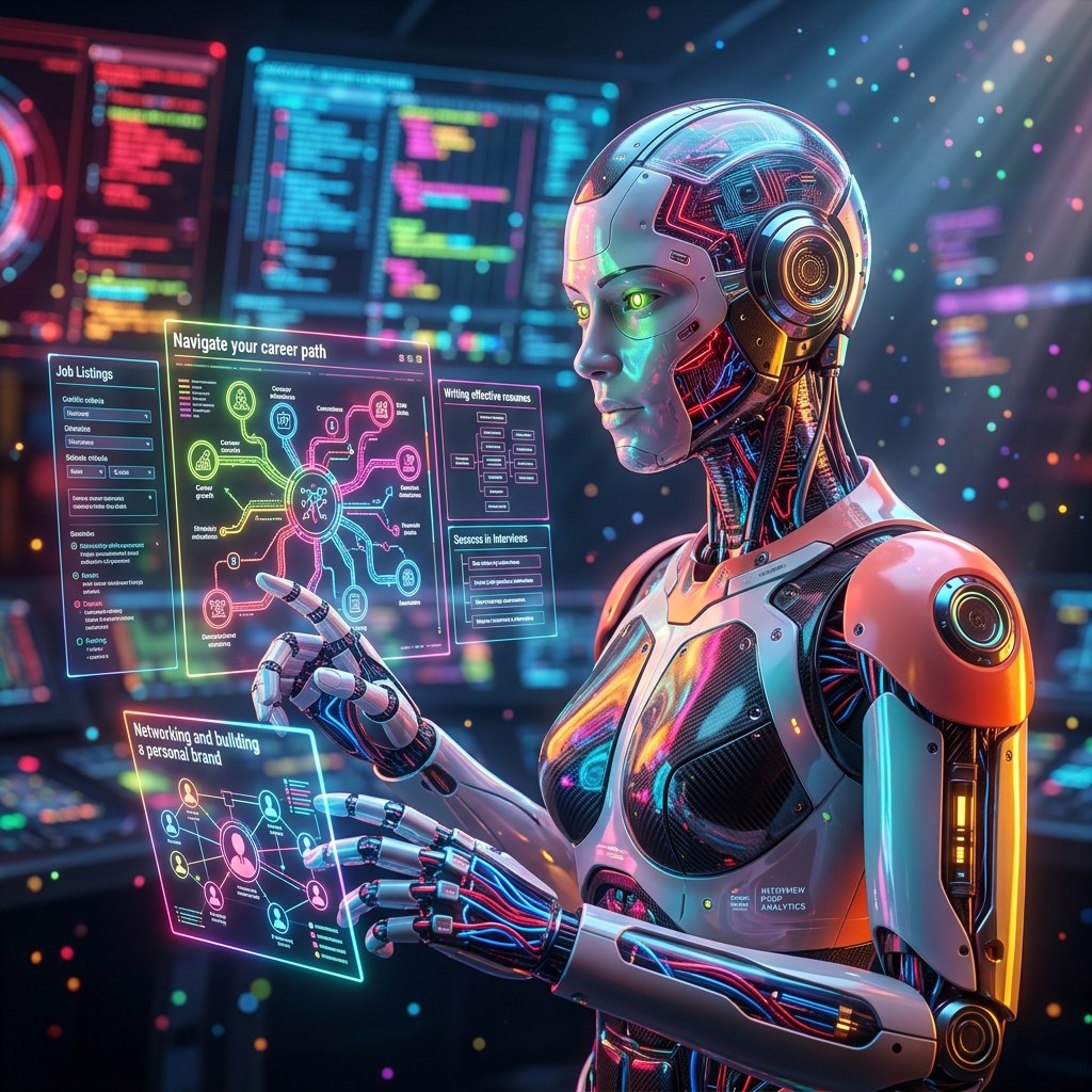 Job Search category hero — cinematic cyborg character seen in three-quarter profile, exposed circuitry glowing beneath translucent skin, intense neon rim light in futuristic control room with massive glowing holographic screens and volumetric light rays