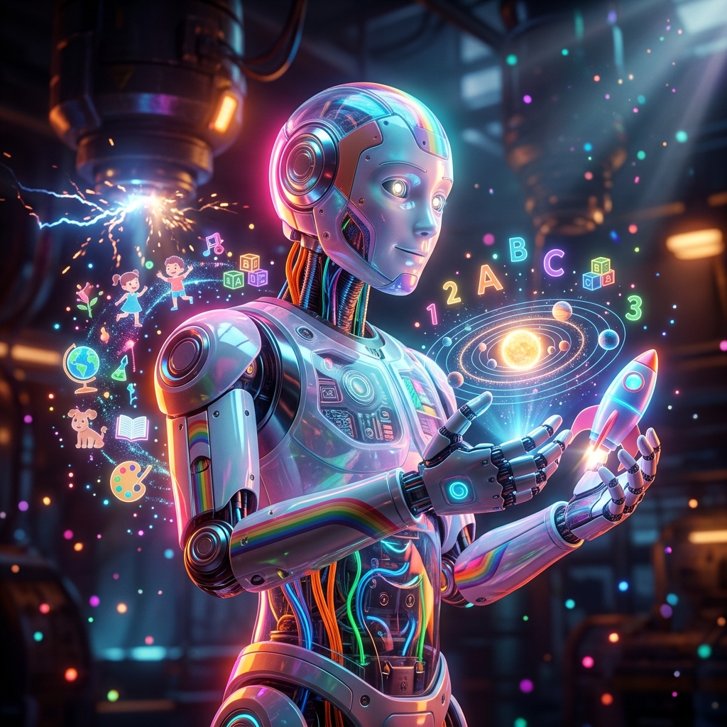 Kids category hero — cinematic cyborg character seen in three-quarter profile, exposed circuitry glowing beneath translucent skin, intense neon rim light in magnetic-levitation factory floor with sparking arcs of electricity and machinery