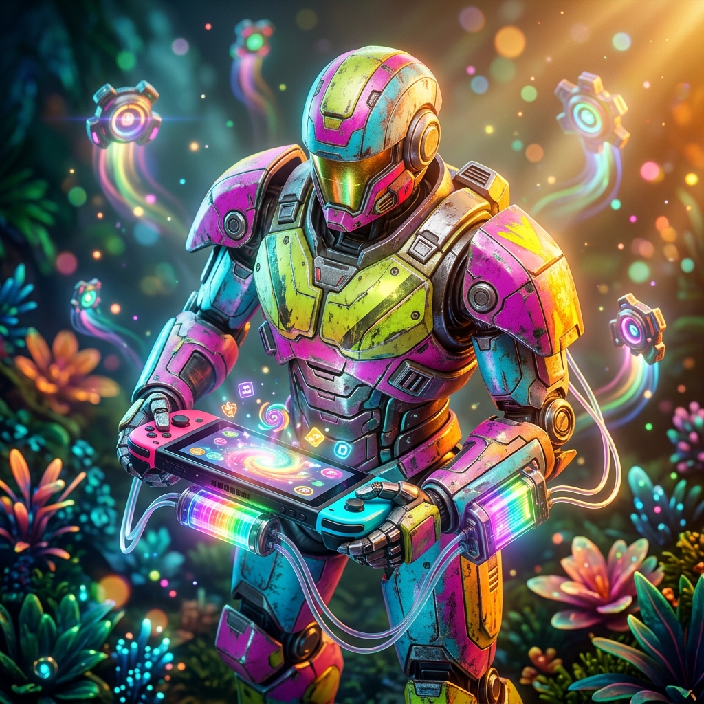 Kids Games category hero — war-worn but heroic mech pilot robot with painted panels, weathered detail, cinematic hero lighting in alien jungle biome with glowing flora and floating tech artifacts