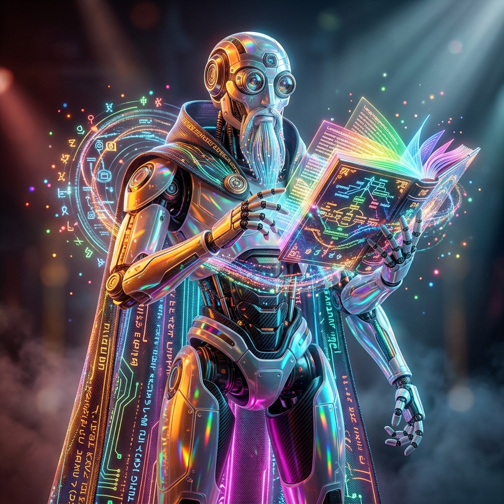 Language Education category hero — sci-fi wizard robot with a floating spellbook of holographic glyphs and light particles in dark cinematic stage with dramatic spotlights streaming down and a hazy atmospheric fog