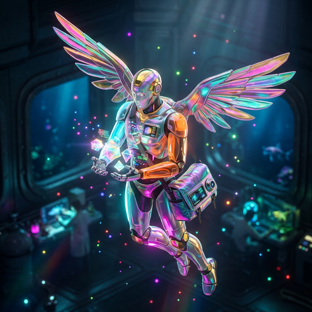 Language Learning category hero — courier-style android with iridescent wings unfurled, mid-flight silhouette against the environment in deep-sea research bay with bulkhead windows onto a bioluminescent ocean