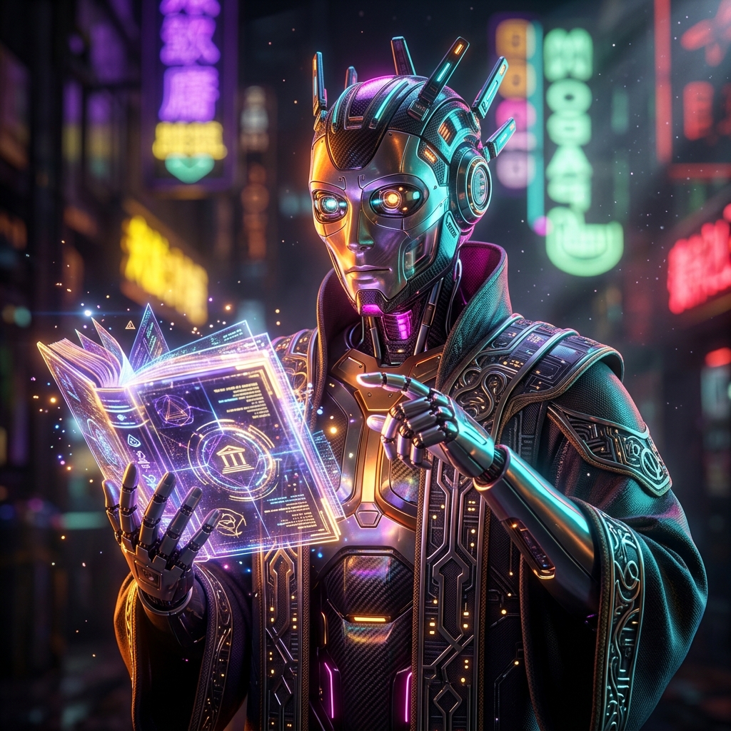 Legal category hero — sci-fi wizard robot with a floating spellbook of holographic glyphs and light particles in Blade-Runner-style noodle-shop alley with dense neon signage in the background