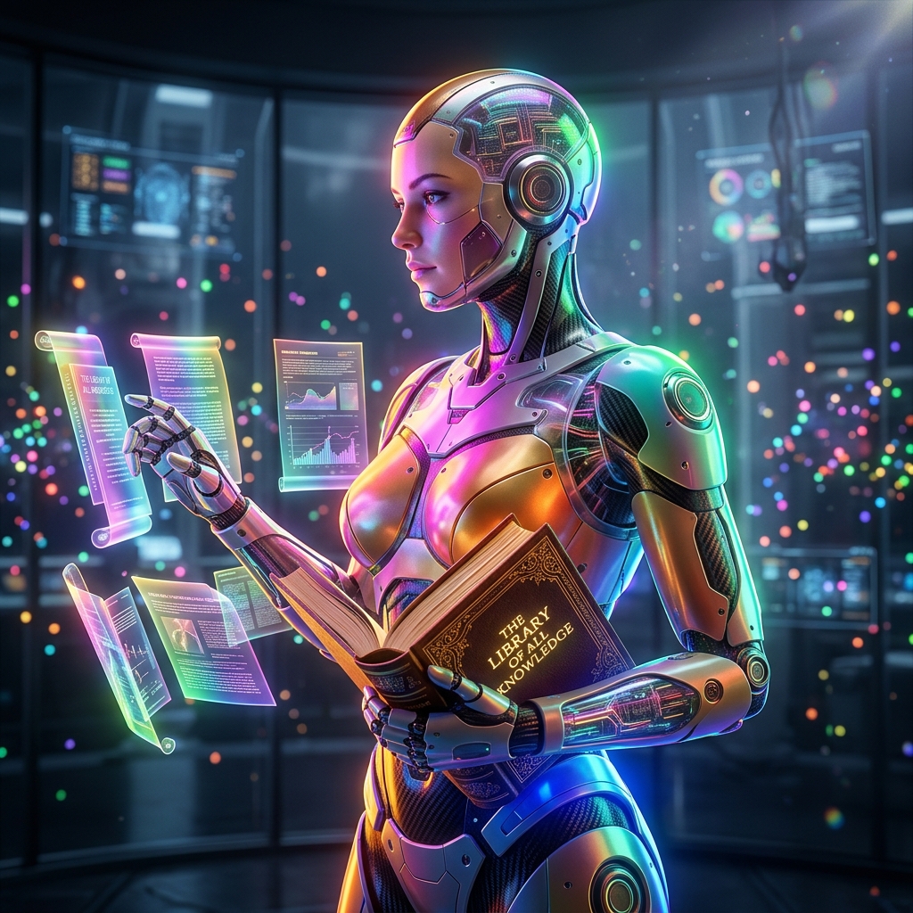 Library category hero — cinematic cyborg character seen in three-quarter profile, exposed circuitry glowing beneath translucent skin, intense neon rim light in sleek high-tech laboratory with glass walls, floating data panels and particle light