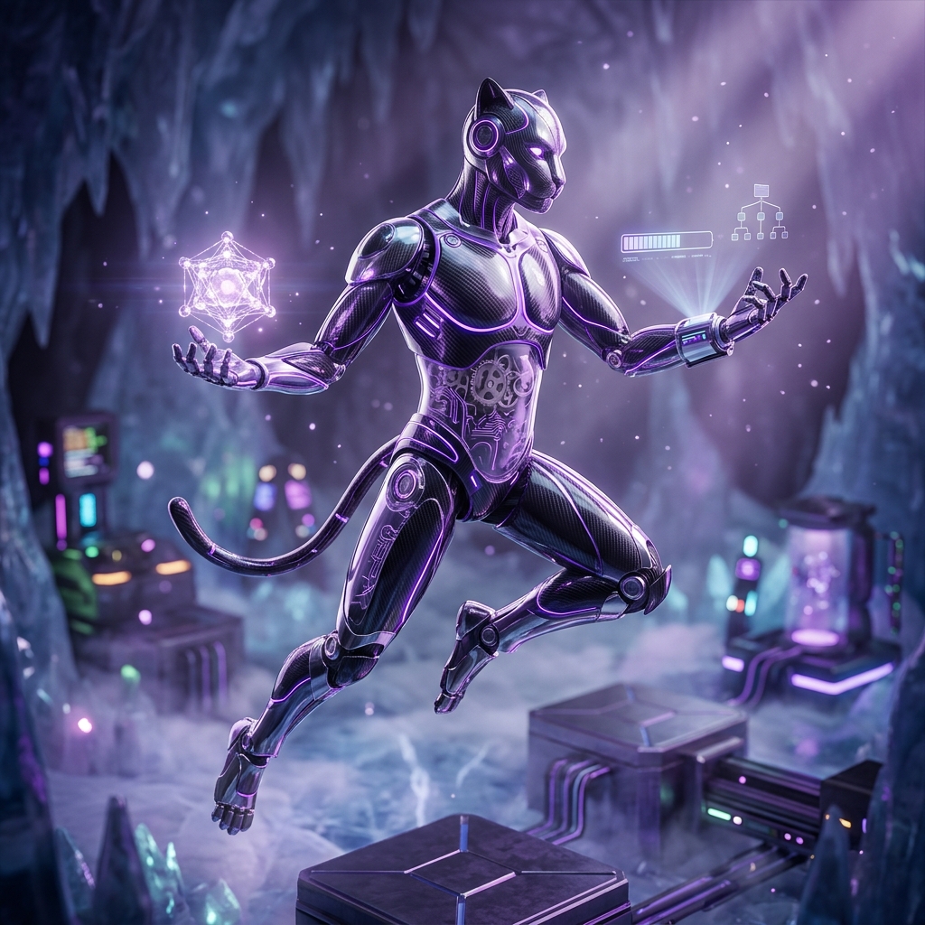 Life Coaching & Personal Development category hero — sleek feline-inspired robot mid-leap, carbon-fiber musculature and glowing accent lines in crystalline ice cavern lit by bioluminescent tech installations